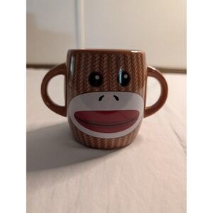 Galerie Sock Monkey Ceramic Coffee Mug Double Handle Brown Knit Pattern 37021